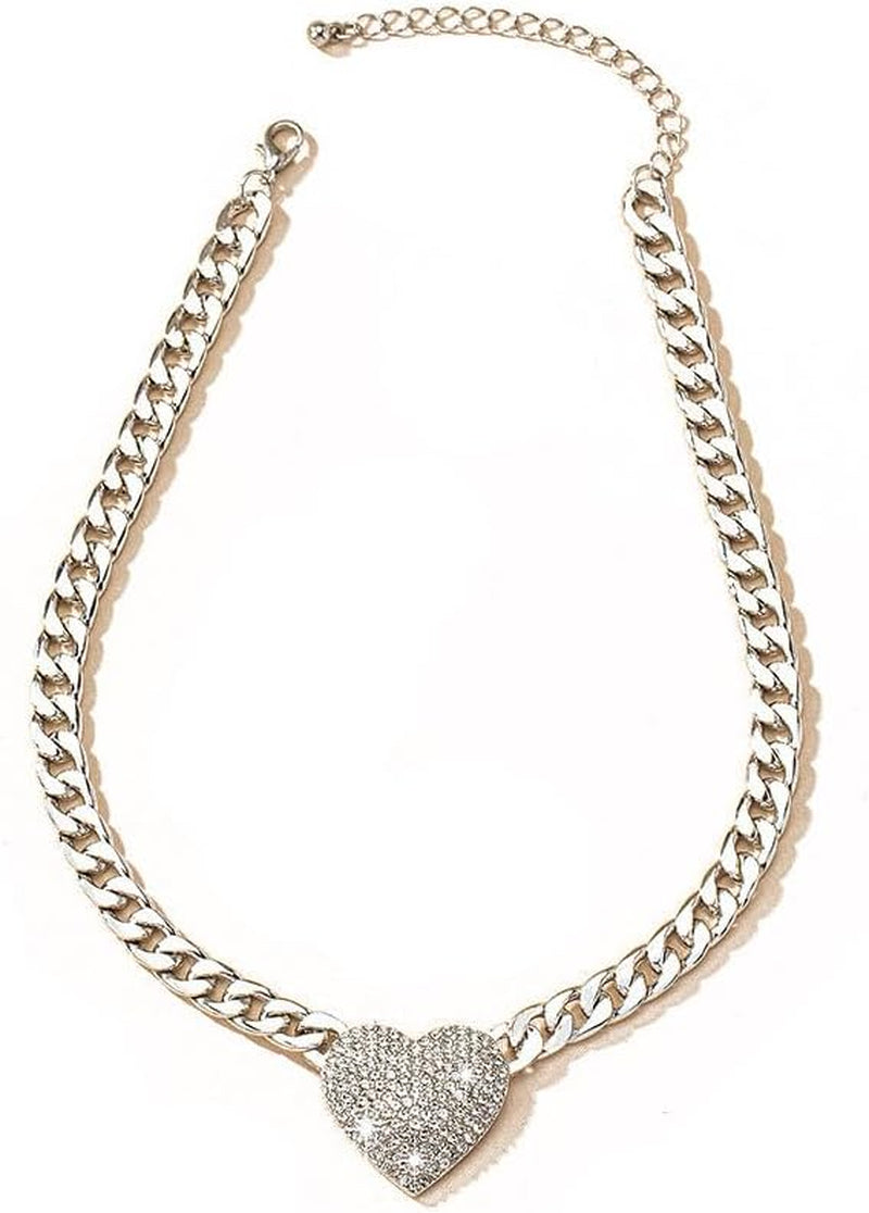 Chunky Cuban Link CZ Heart Pendant Statement Necklace for Women Silver Heart Choker Gold Heart Necklace Flat Figaro Chain Rhinestone Heart Necklace Christmas Birthday Jewelry Gift