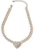 Chunky Cuban Link CZ Heart Pendant Statement Necklace for Women Silver Heart Choker Gold Heart Necklace Flat Figaro Chain Rhinestone Heart Necklace Christmas Birthday Jewelry Gift