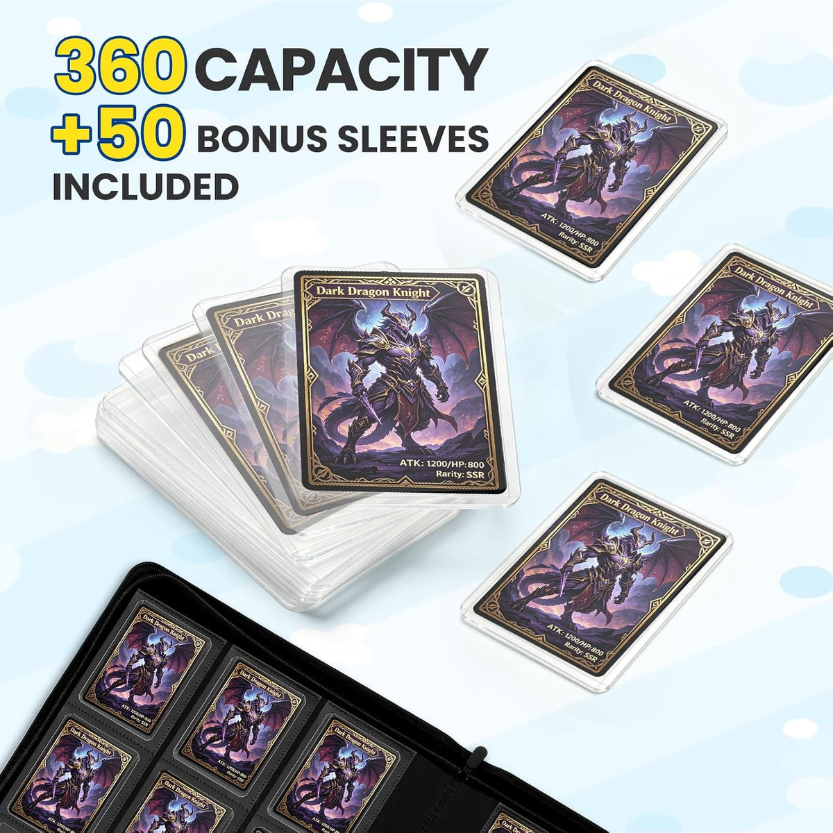 Top Loader Binder 9 Pocket, Holds 360+ Cards in 3.4" X 4.5" Toploaders, Ringless 20 Double-Sided Sleeves, Side-Loading, Spine Label with Maker Pen Toploader Binder for TCG, MTG, Sports Cards