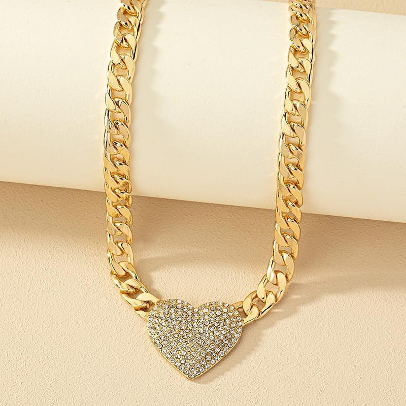 Chunky Cuban Link CZ Heart Pendant Statement Necklace for Women Silver Heart Choker Gold Heart Necklace Flat Figaro Chain Rhinestone Heart Necklace Christmas Birthday Jewelry Gift