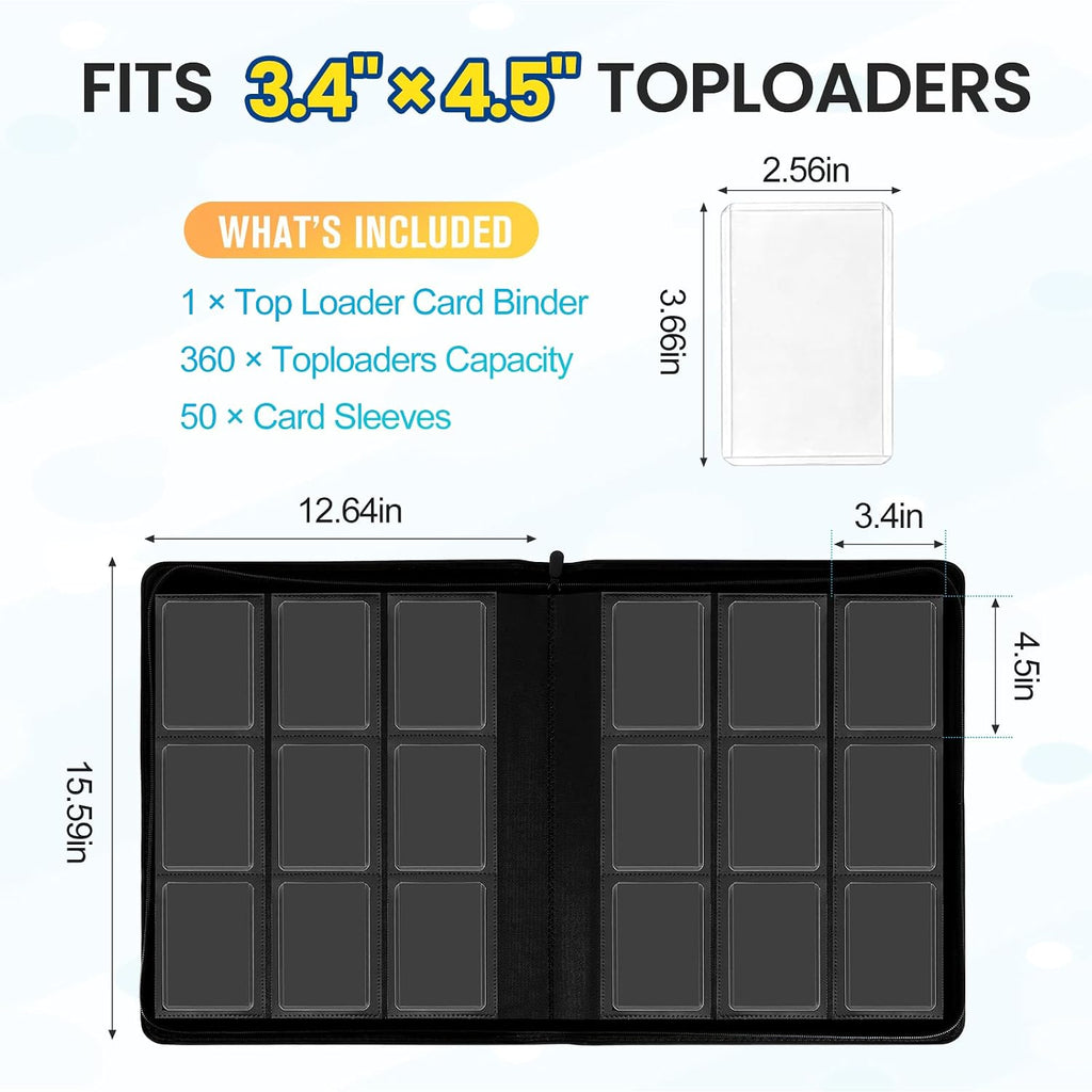 Top Loader Binder 9 Pocket, Holds 360+ Cards in 3.4" X 4.5" Toploaders, Ringless 20 Double-Sided Sleeves, Side-Loading, Spine Label with Maker Pen Toploader Binder for TCG, MTG, Sports Cards