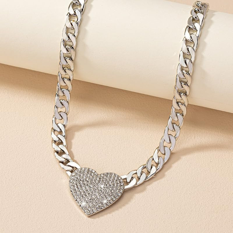 Chunky Cuban Link CZ Heart Pendant Statement Necklace for Women Silver Heart Choker Gold Heart Necklace Flat Figaro Chain Rhinestone Heart Necklace Christmas Birthday Jewelry Gift