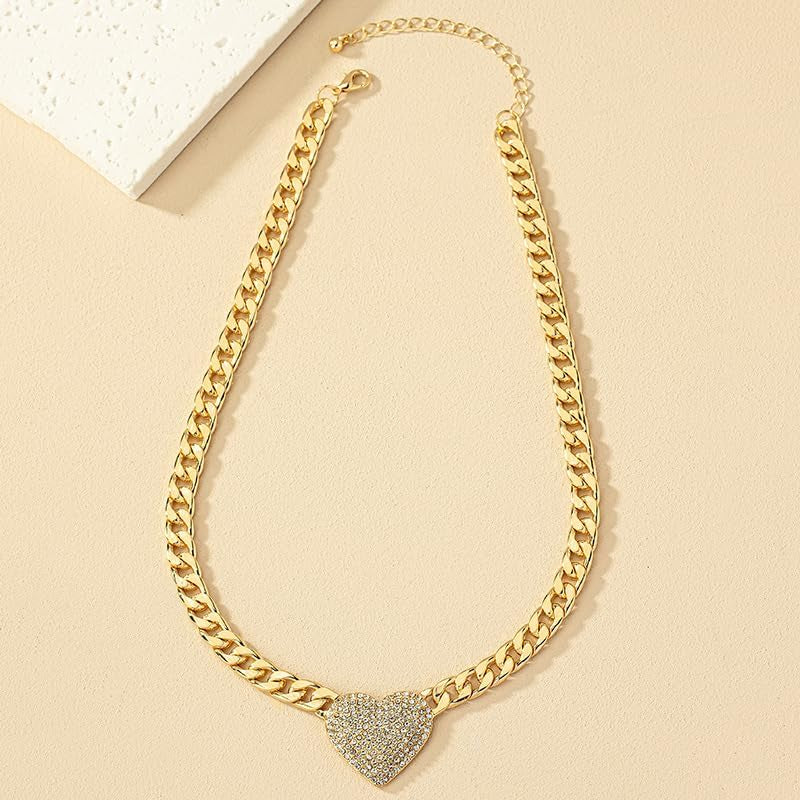 Chunky Cuban Link CZ Heart Pendant Statement Necklace for Women Silver Heart Choker Gold Heart Necklace Flat Figaro Chain Rhinestone Heart Necklace Christmas Birthday Jewelry Gift
