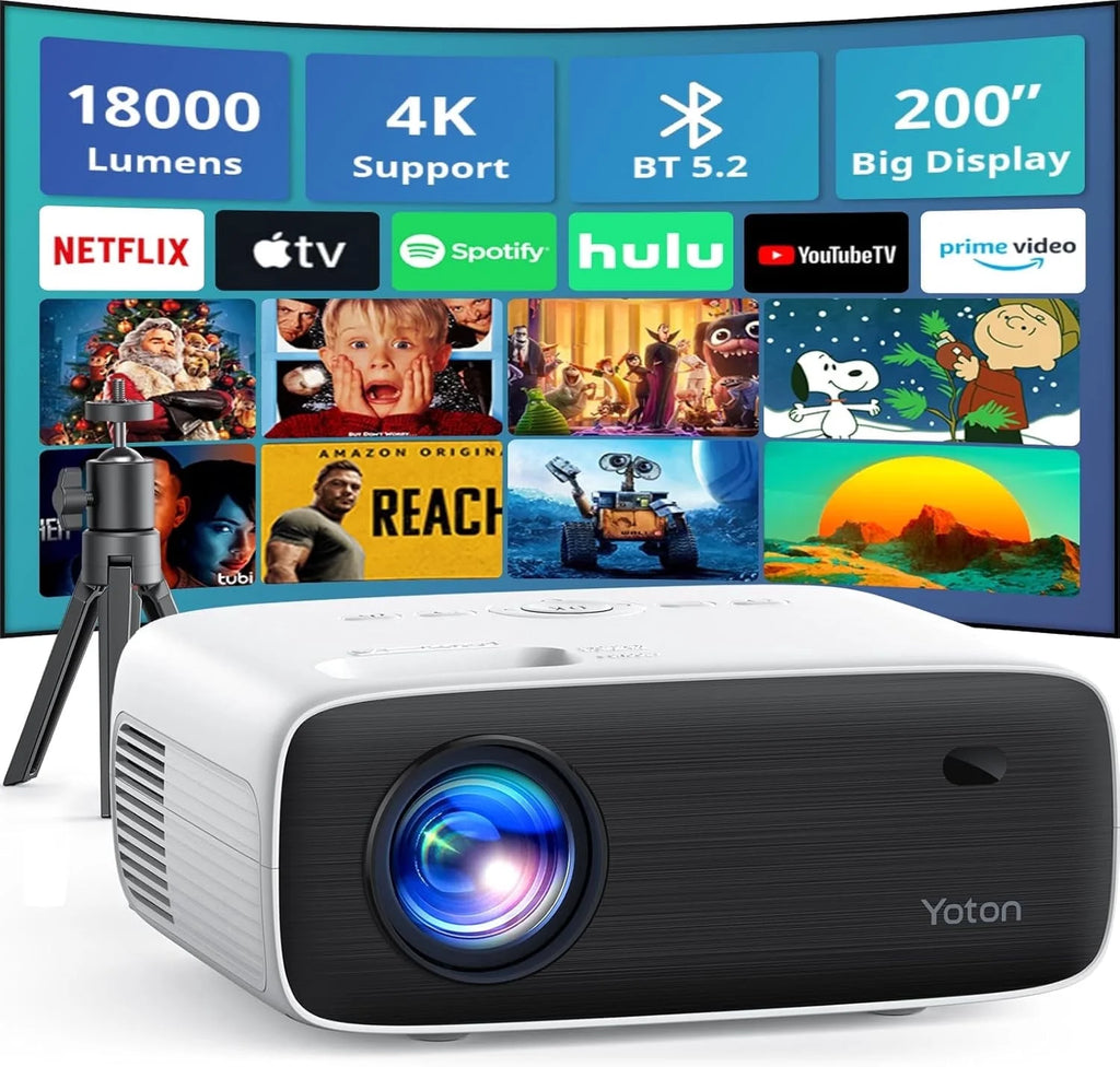 Mini Projector Bluetooth 4K LCD with Tripod, Retail Packaging, White