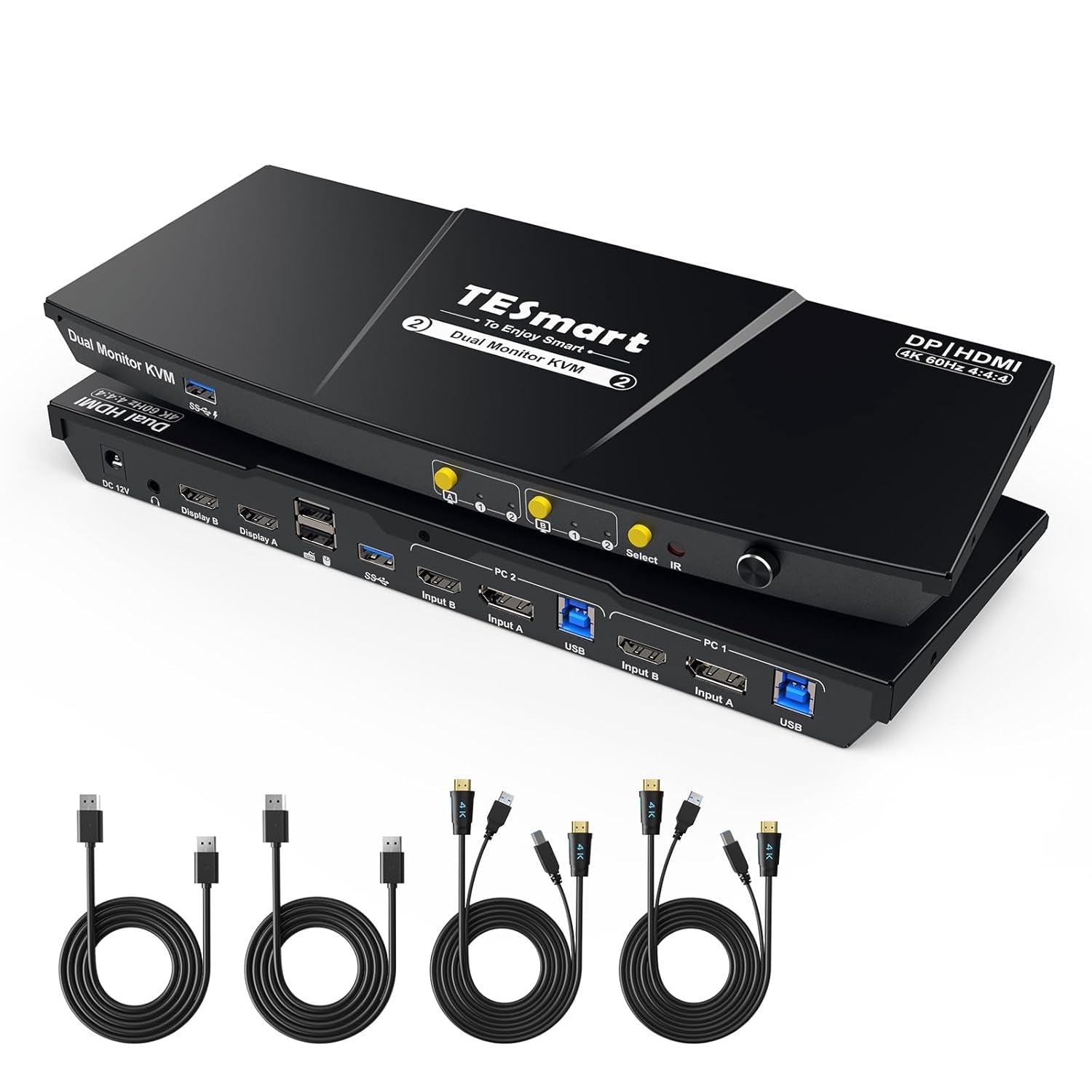 USB 3.0 Displayport + HDMI KVM Switch 2 Monitors 2 Computers 4K@60Hz, Dual Monitor KVM Switch 2 Port Extended Display, EDID Emulators, Headset, Hotkey Switch, Button Switch with All Cables