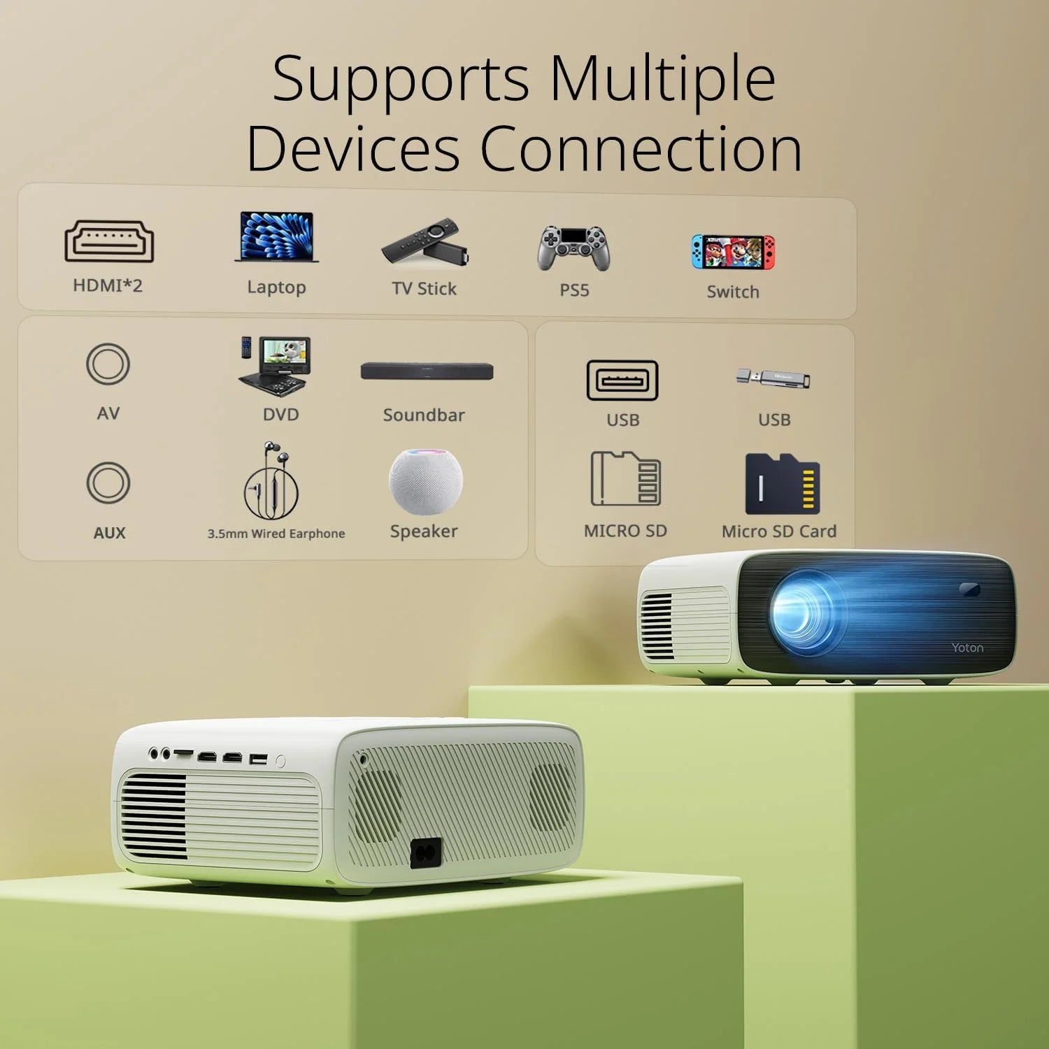 Mini Projector Bluetooth 4K LCD with Tripod, Retail Packaging, White