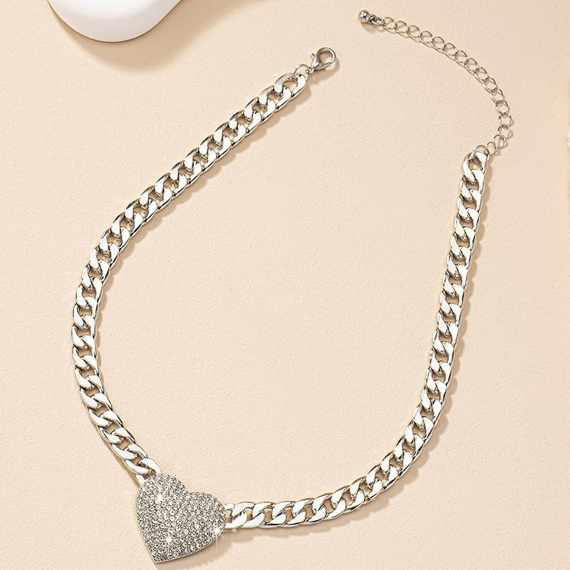 Chunky Cuban Link CZ Heart Pendant Statement Necklace for Women Silver Heart Choker Gold Heart Necklace Flat Figaro Chain Rhinestone Heart Necklace Christmas Birthday Jewelry Gift