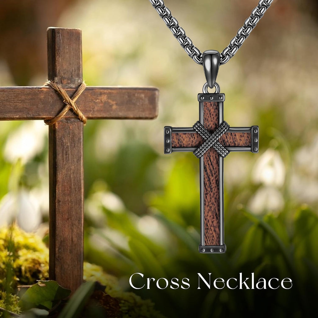 Wood Cross/Cross Star of David/Guitar Necklace Sterling Silver Wooden Cross Pendant Wood Jewelry for Women Men with 24" round Box Chain