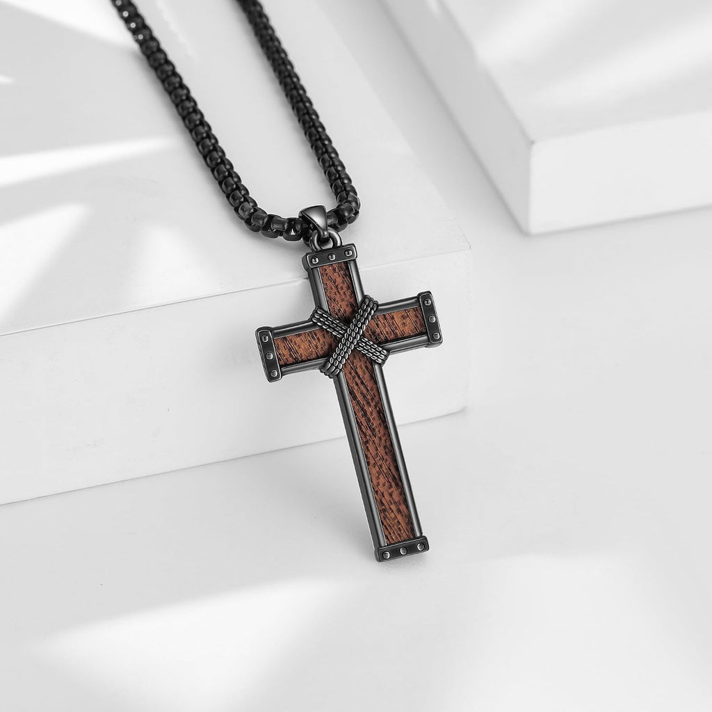 Wood Cross/Cross Star of David/Guitar Necklace Sterling Silver Wooden Cross Pendant Wood Jewelry for Women Men with 24" round Box Chain