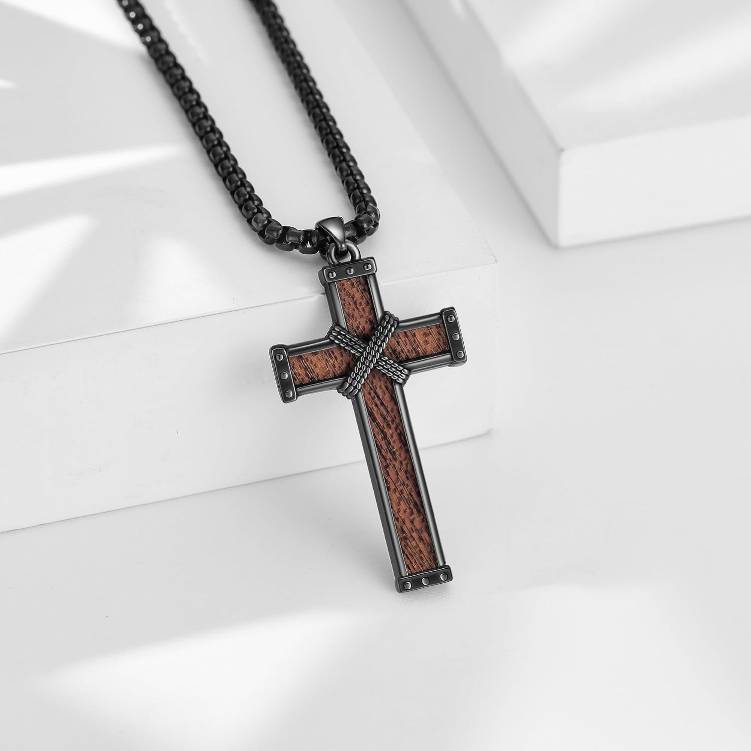 Wood Cross/Cross Star of David/Guitar Necklace Sterling Silver Wooden Cross Pendant Wood Jewelry for Women Men with 24" round Box Chain