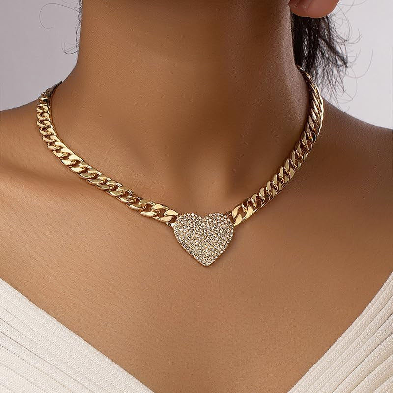 Chunky Cuban Link CZ Heart Pendant Statement Necklace for Women Silver Heart Choker Gold Heart Necklace Flat Figaro Chain Rhinestone Heart Necklace Christmas Birthday Jewelry Gift