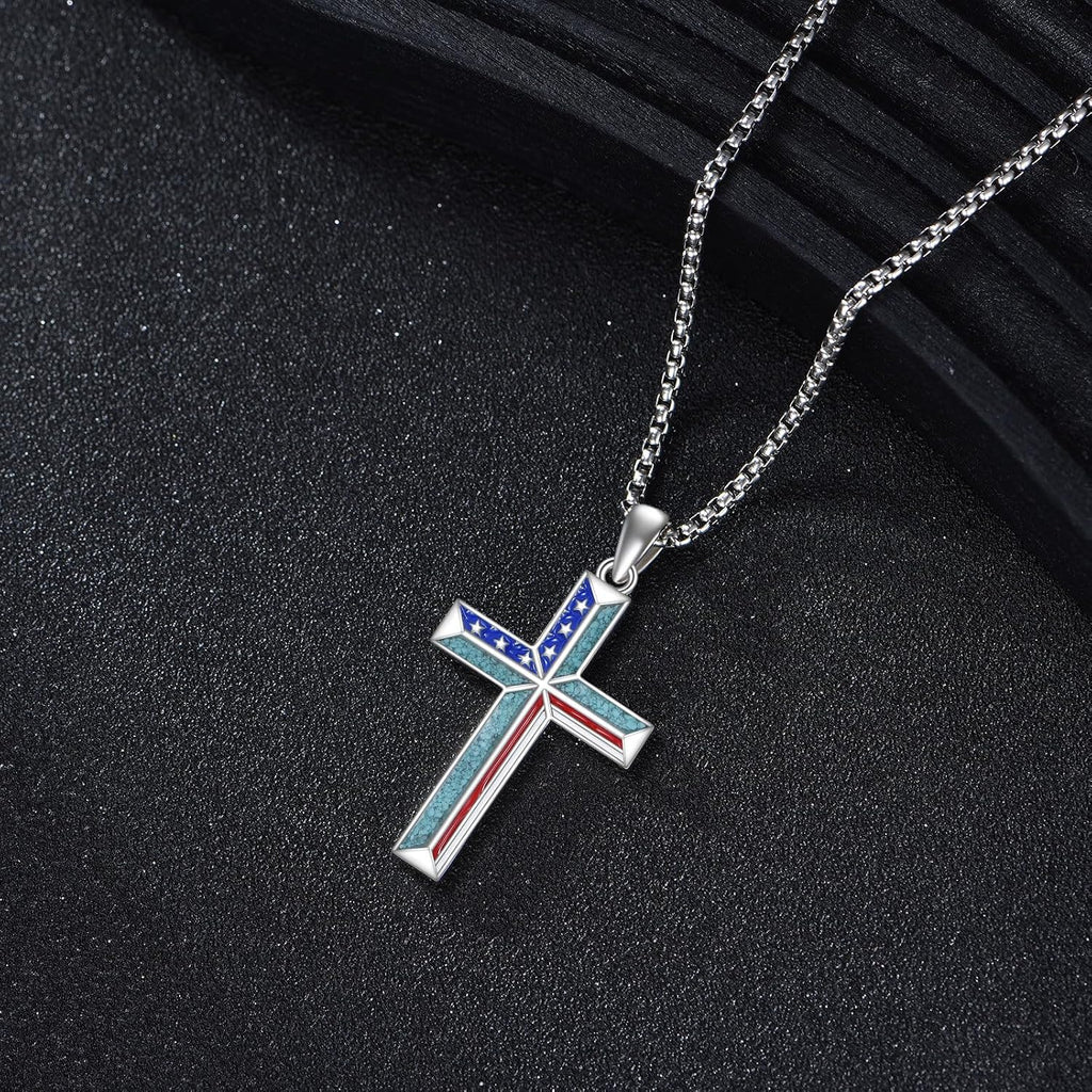 American Flag Necklace 925 Sterling Silver USA Flag Pendant Patriotic Independence Day Jewelry for Women Men