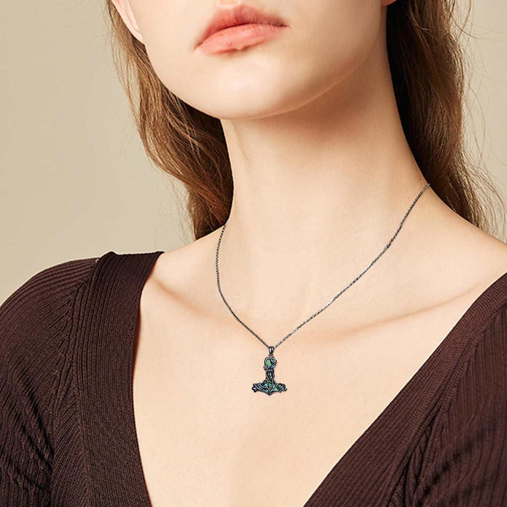 Thor Hammer Necklace 925 Sterling Silver Mjolnir Tree of Life Pendant Necklace Viking Vegvisir Jewelry for Women Wife Mom