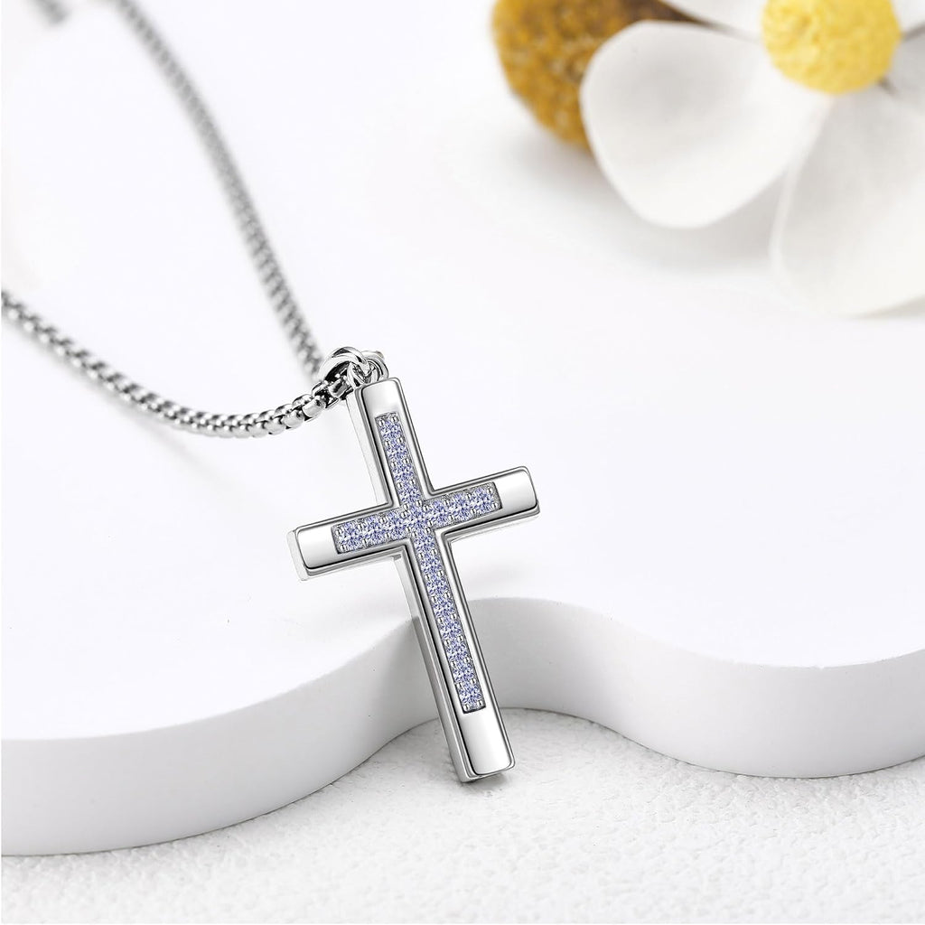 Cross Necklace for Women Men 925 Sterling Silver Cross Pendant Birthstone Jewelry Birthday Gifts for Mom, Dad, Husband, Wife, Friends