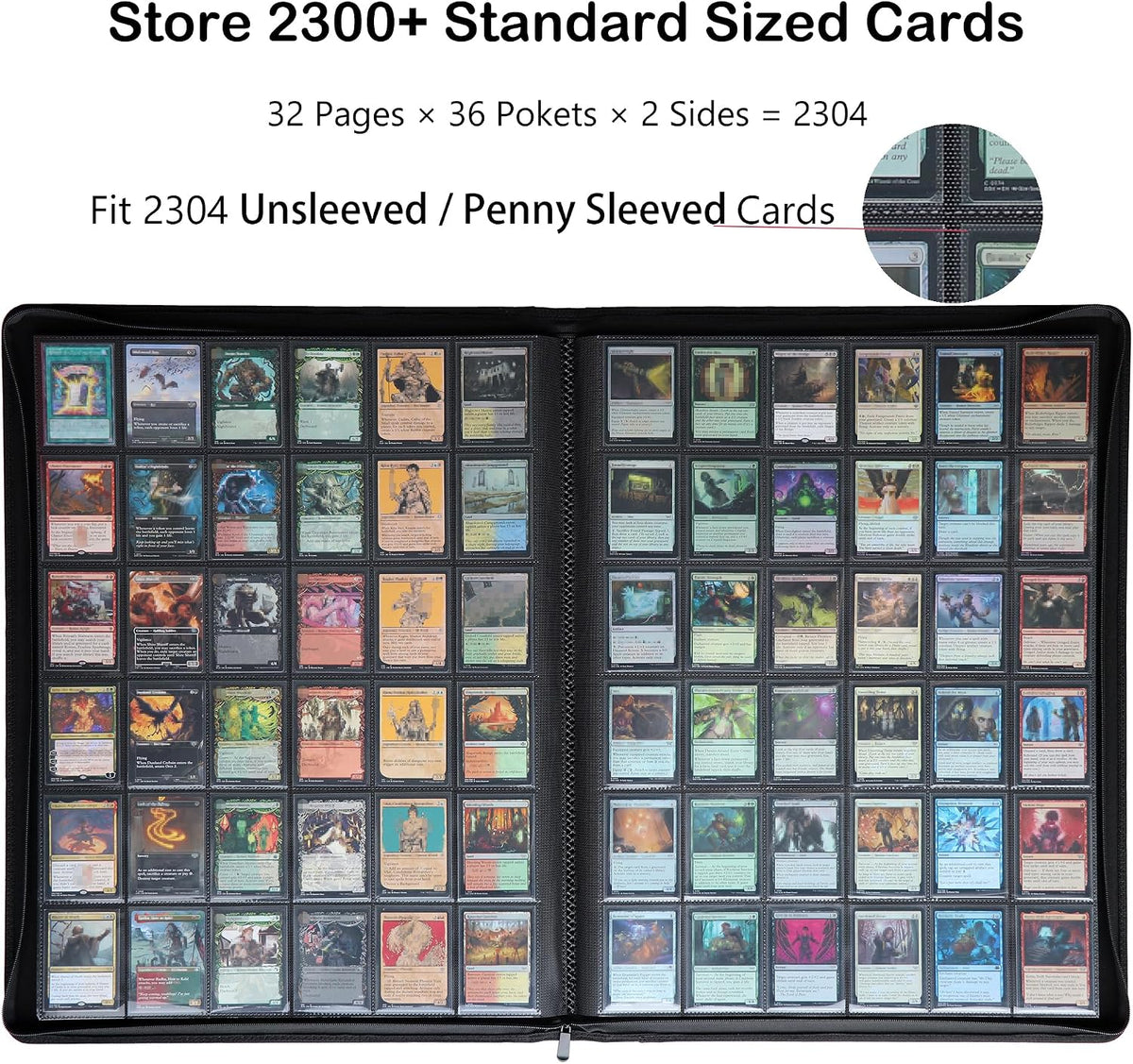 36‑Pocket Ringless Trading Card Binder – Holds 2304 Cards, Side‑Loading Black Pages, Zipper Collection Album for TCG & Sports Cards