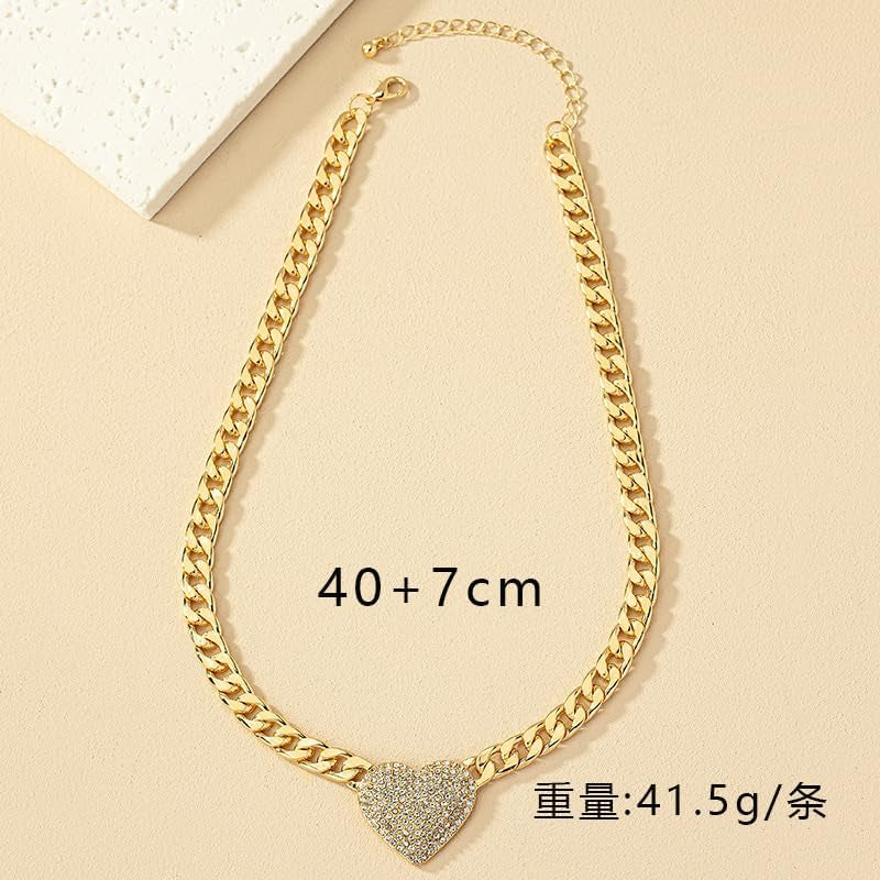 Chunky Cuban Link CZ Heart Pendant Statement Necklace for Women Silver Heart Choker Gold Heart Necklace Flat Figaro Chain Rhinestone Heart Necklace Christmas Birthday Jewelry Gift