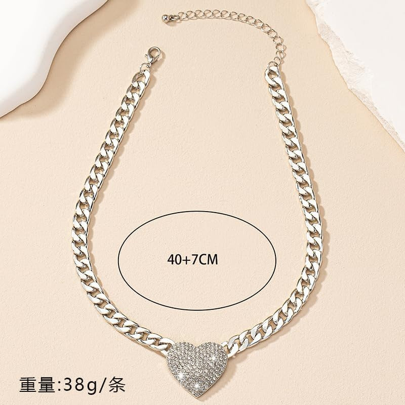Chunky Cuban Link CZ Heart Pendant Statement Necklace for Women Silver Heart Choker Gold Heart Necklace Flat Figaro Chain Rhinestone Heart Necklace Christmas Birthday Jewelry Gift