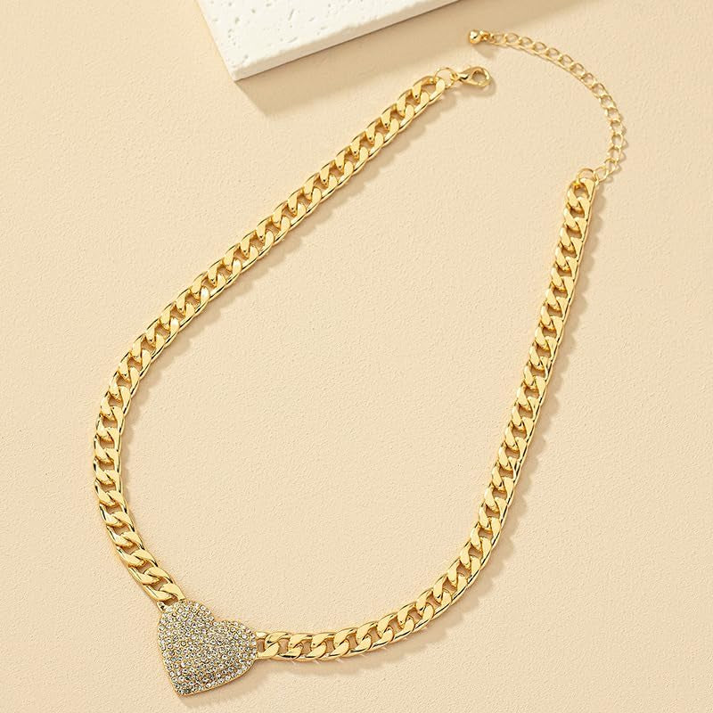 Chunky Cuban Link CZ Heart Pendant Statement Necklace for Women Silver Heart Choker Gold Heart Necklace Flat Figaro Chain Rhinestone Heart Necklace Christmas Birthday Jewelry Gift