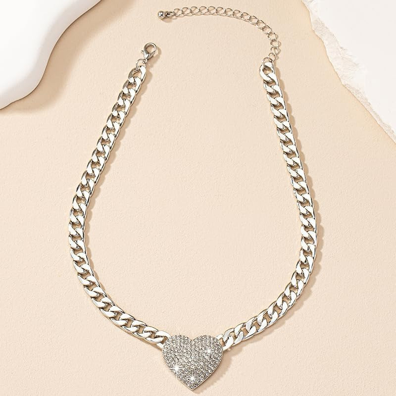Chunky Cuban Link CZ Heart Pendant Statement Necklace for Women Silver Heart Choker Gold Heart Necklace Flat Figaro Chain Rhinestone Heart Necklace Christmas Birthday Jewelry Gift