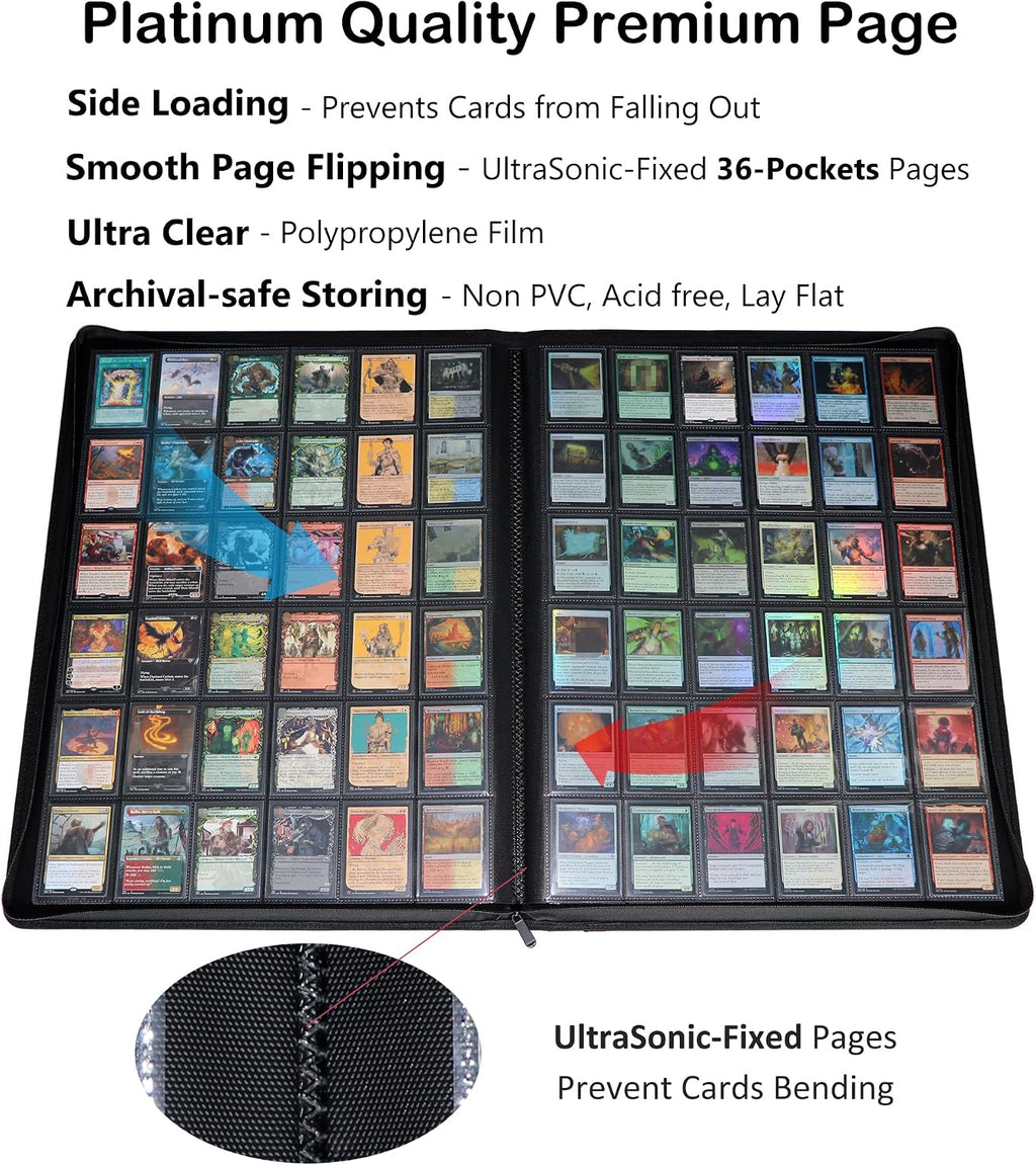 36‑Pocket Ringless Trading Card Binder – Holds 2304 Cards, Side‑Loading Black Pages, Zipper Collection Album for TCG & Sports Cards