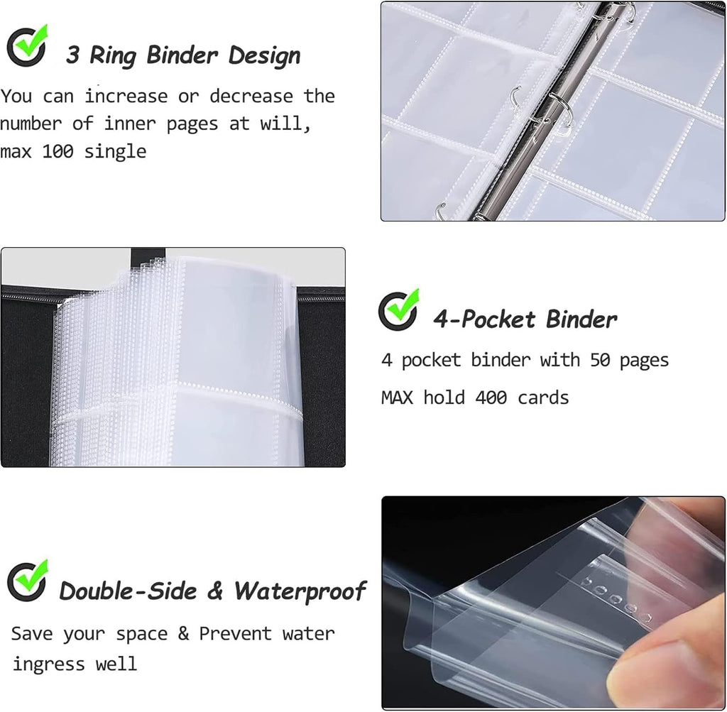 400 Pockets Football Cards Binder,Trading Cards Holder Card Collectors Album,Trading Card Binder 4 Pocket with 50 Removable Sleeves