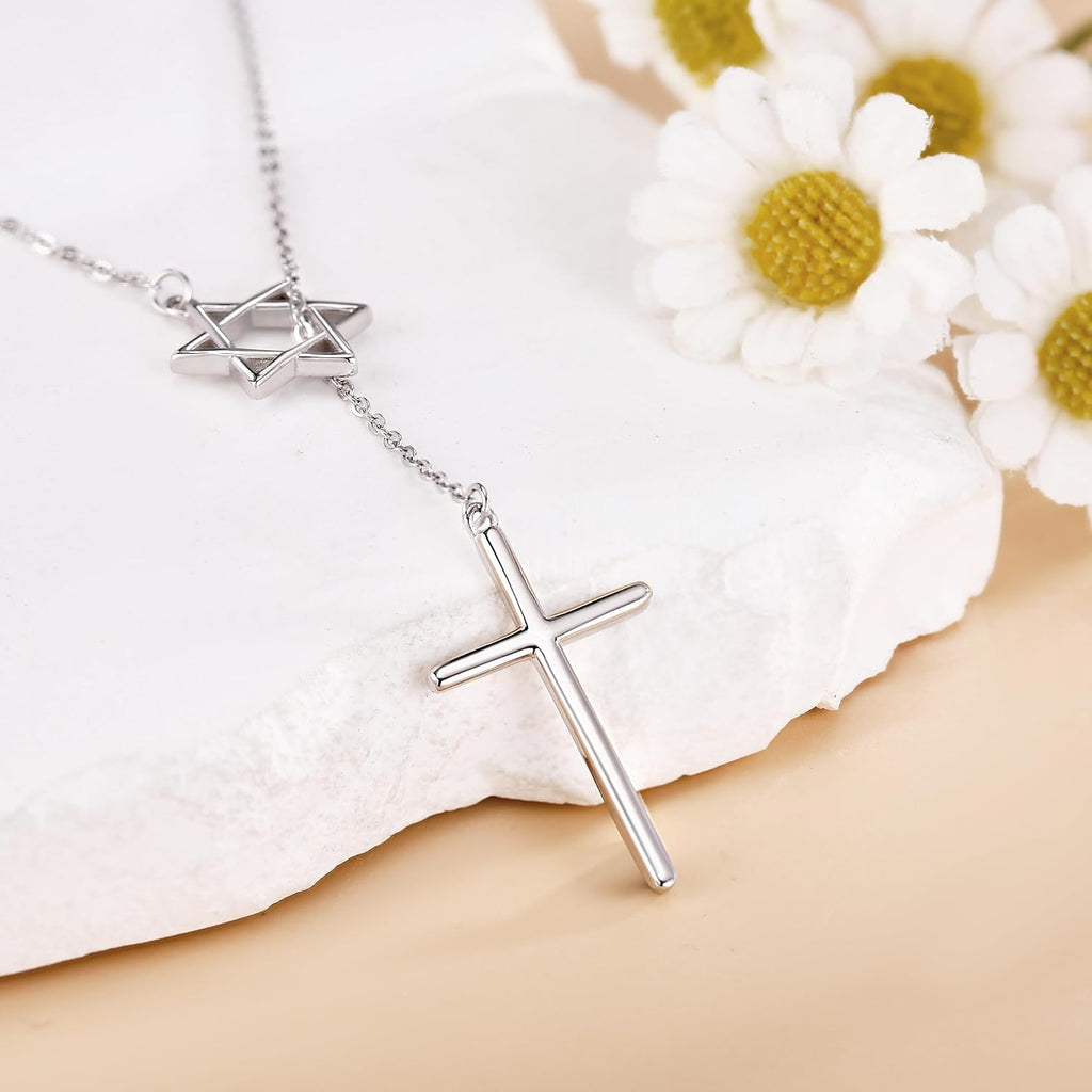 Cross Star of David Necklace Sterling Silver Cross Star David Layered Pendant Jewish Jewelry for Women Mom