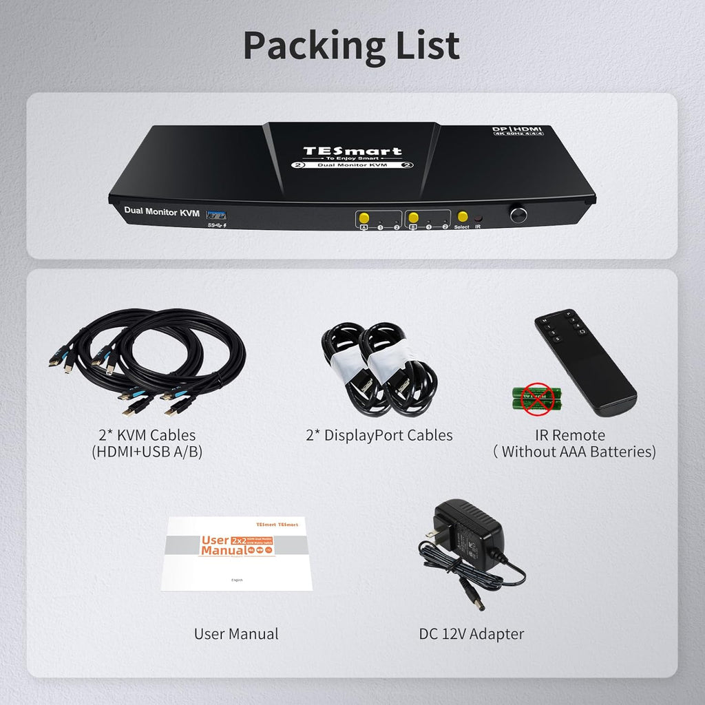 USB 3.0 Displayport + HDMI KVM Switch 2 Monitors 2 Computers 4K@60Hz, Dual Monitor KVM Switch 2 Port Extended Display, EDID Emulators, Headset, Hotkey Switch, Button Switch with All Cables