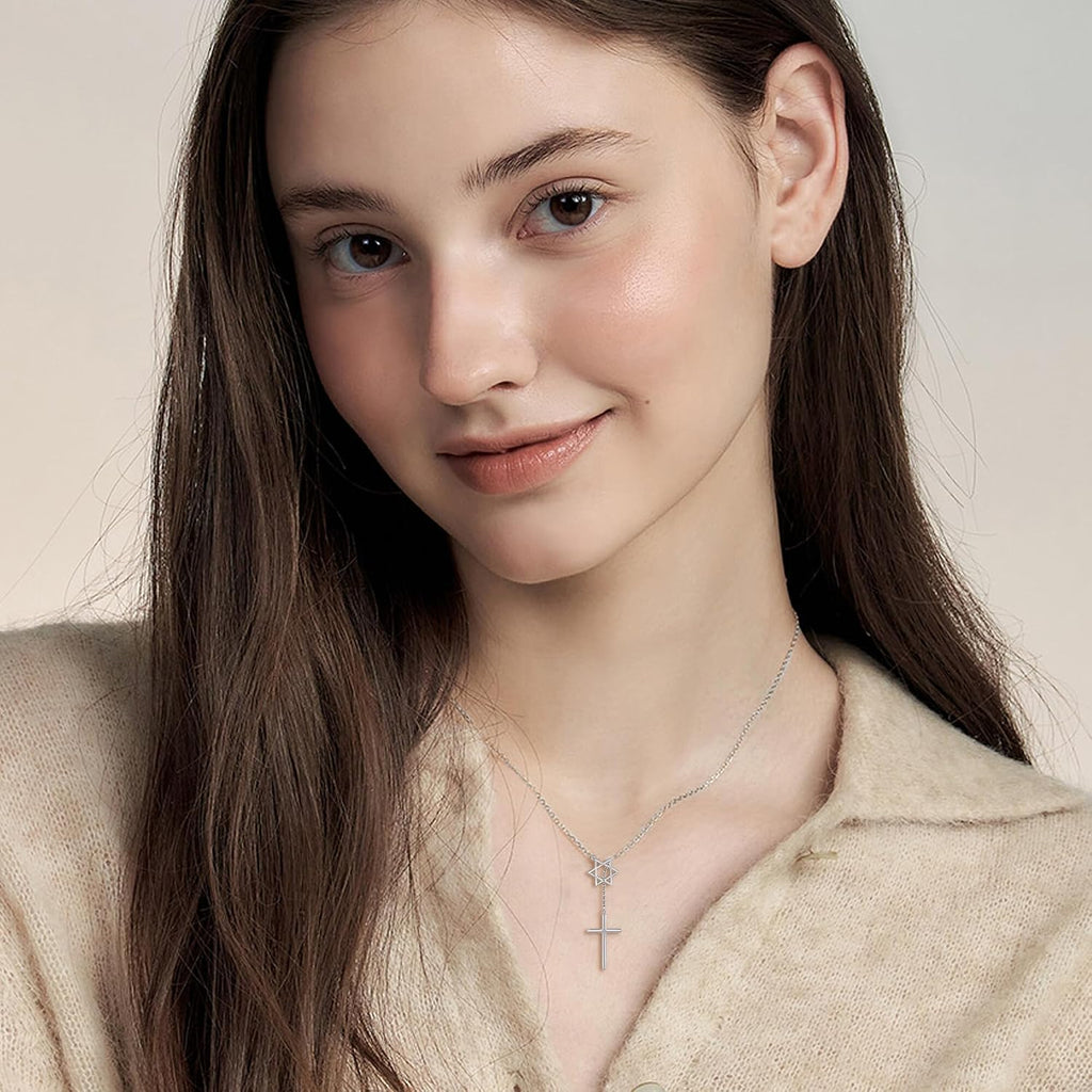 Cross Star of David Necklace Sterling Silver Cross Star David Layered Pendant Jewish Jewelry for Women Mom