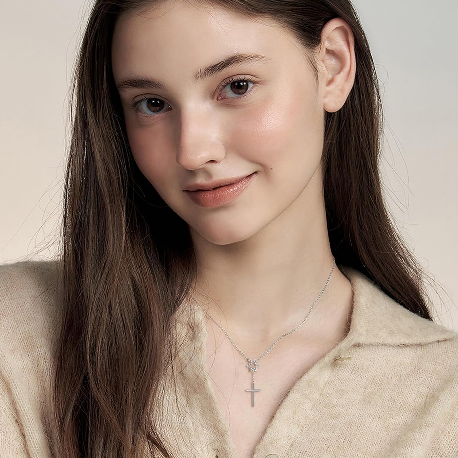Cross Star of David Necklace Sterling Silver Cross Star David Layered Pendant Jewish Jewelry for Women Mom