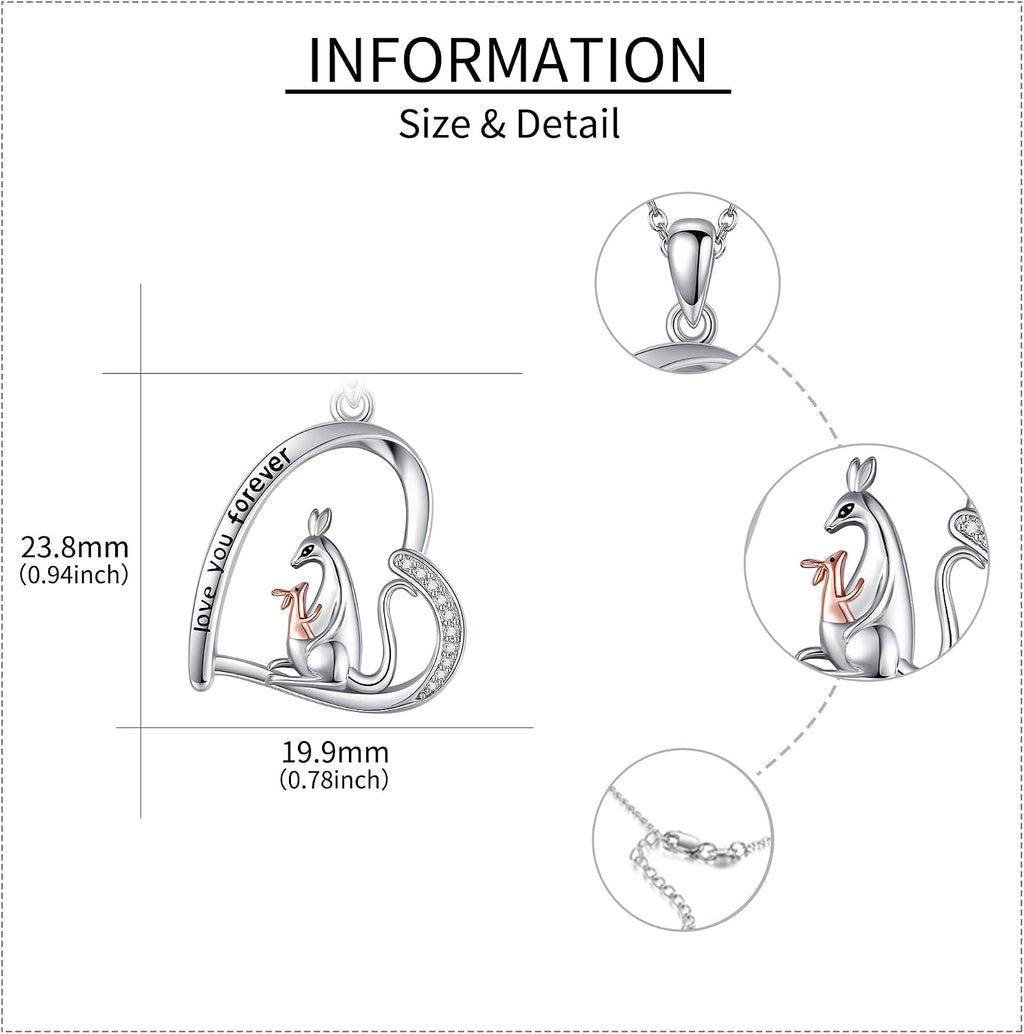 925 Sterling Silver Heart Pendant Kangaroo/Chicken Necklace Animal Jewelry Gifts for Women