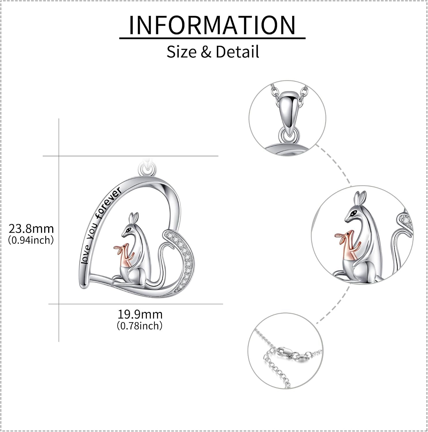 925 Sterling Silver Heart Pendant Kangaroo/Chicken Necklace Animal Jewelry Gifts for Women