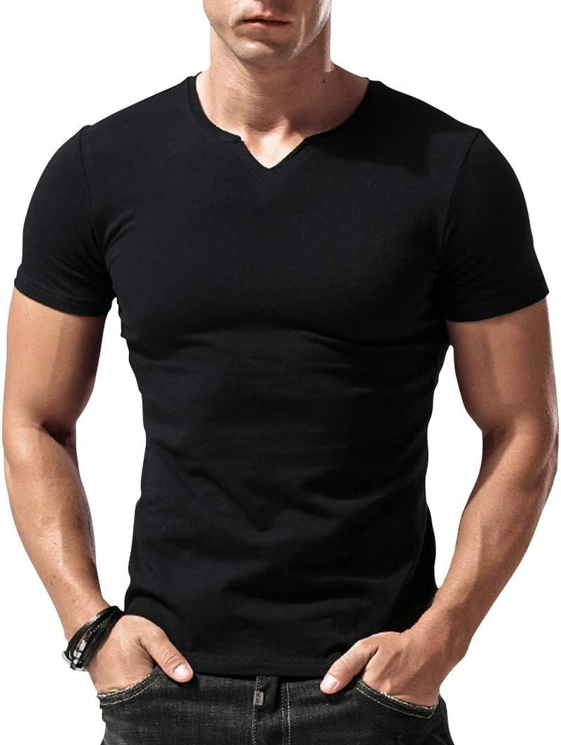 Men Long Sleeve Athletic Shirts Slim Fit Cotton V Neck