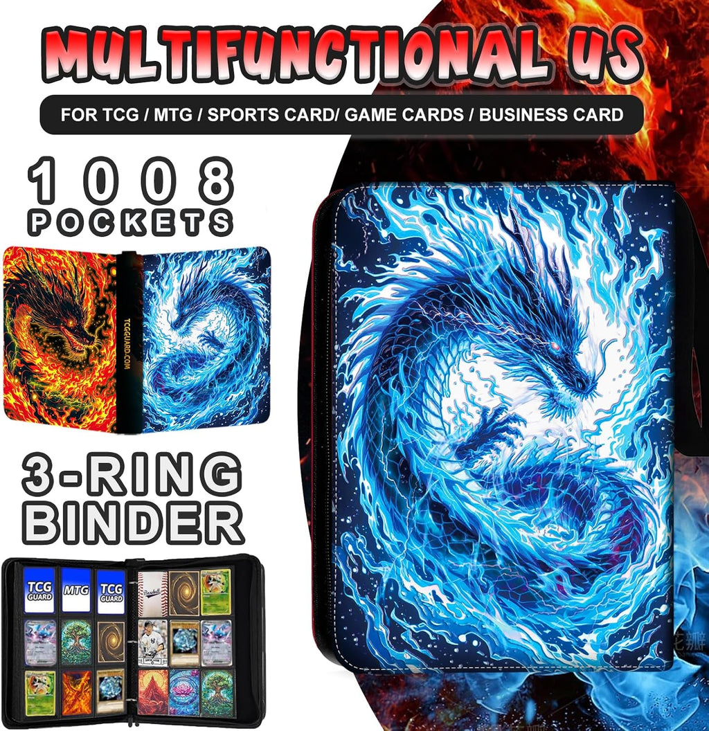 1008 Card Binder 9 Pocket Trading Card Binder with 56 Page 3-Ring Removable Sleeves, High Storage Waterproof Card Holder Collection Card Album Carrying Organizer Case for MTG TCG Cards - Double Dragon