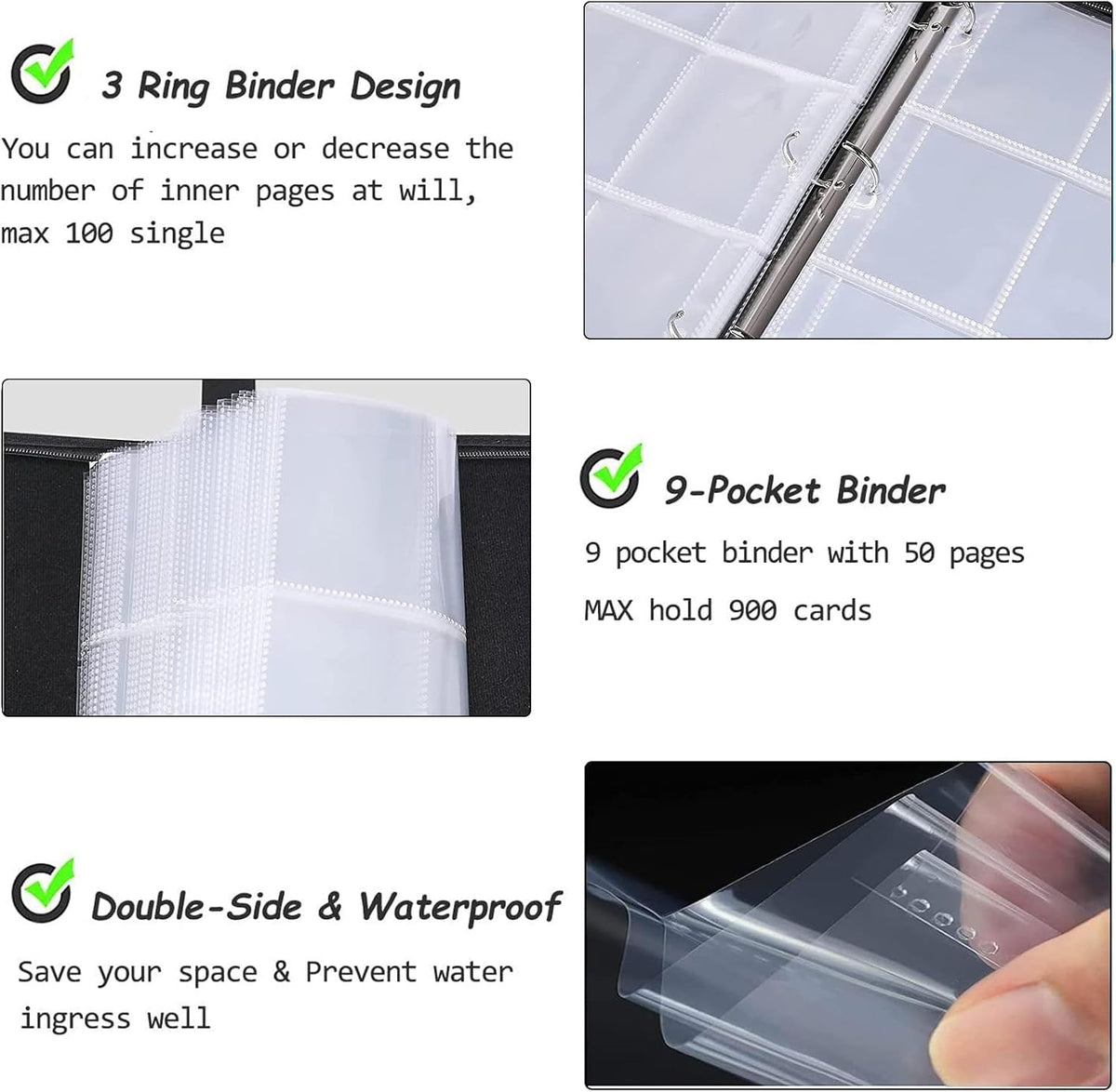 900 Cards Basketball Card Binder, 9-Pocket Card Collections Trading Card Binder 50 Pages Double-Sided Cards Holder with Zipper 3-Ring Card Album for Sports Basketball Card Sleeves Protectors