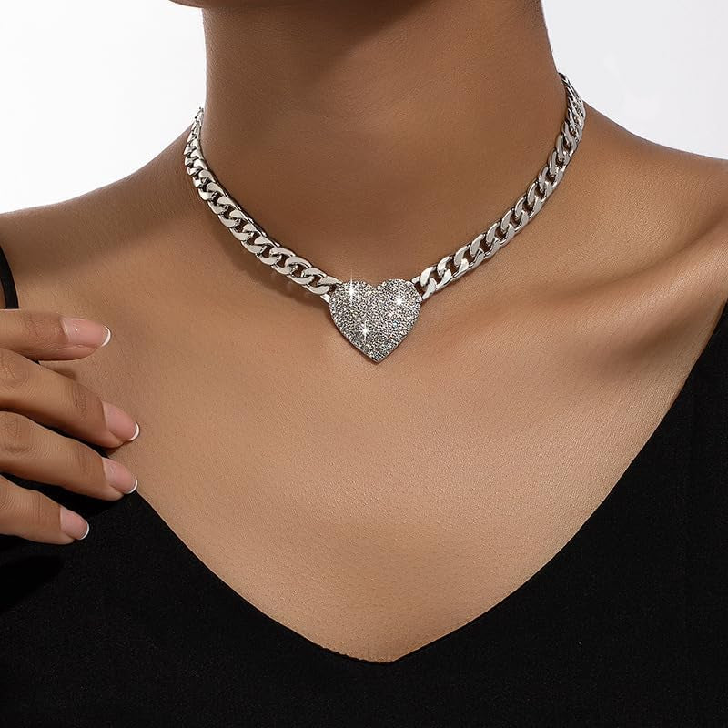 Chunky Cuban Link CZ Heart Pendant Statement Necklace for Women Silver Heart Choker Gold Heart Necklace Flat Figaro Chain Rhinestone Heart Necklace Christmas Birthday Jewelry Gift
