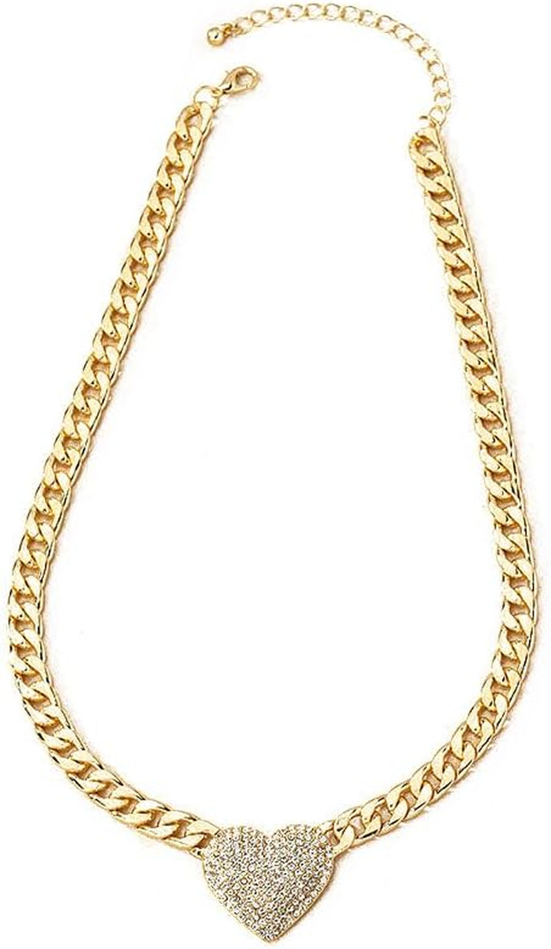 Chunky Cuban Link CZ Heart Pendant Statement Necklace for Women Silver Heart Choker Gold Heart Necklace Flat Figaro Chain Rhinestone Heart Necklace Christmas Birthday Jewelry Gift