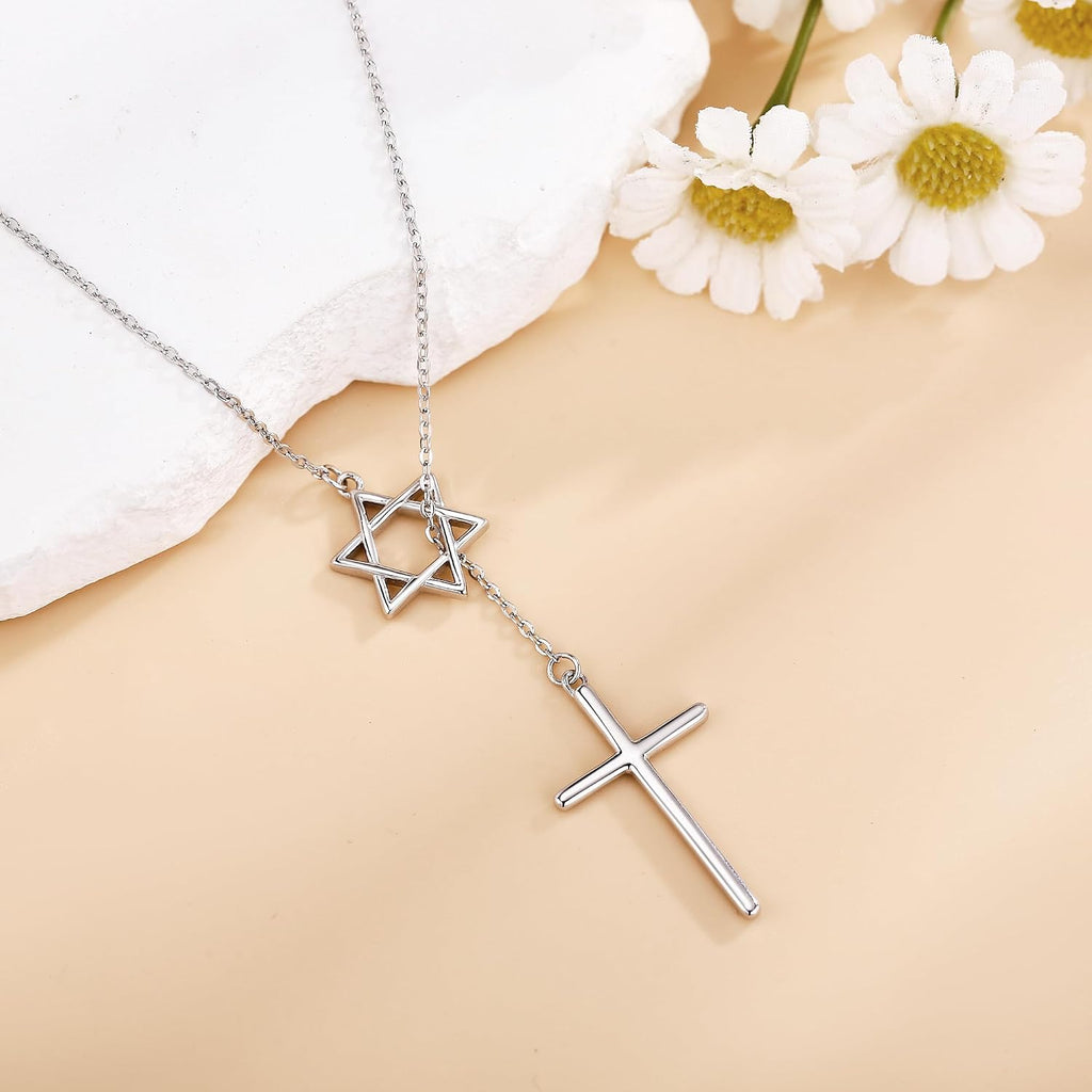 Cross Star of David Necklace Sterling Silver Cross Star David Layered Pendant Jewish Jewelry for Women Mom